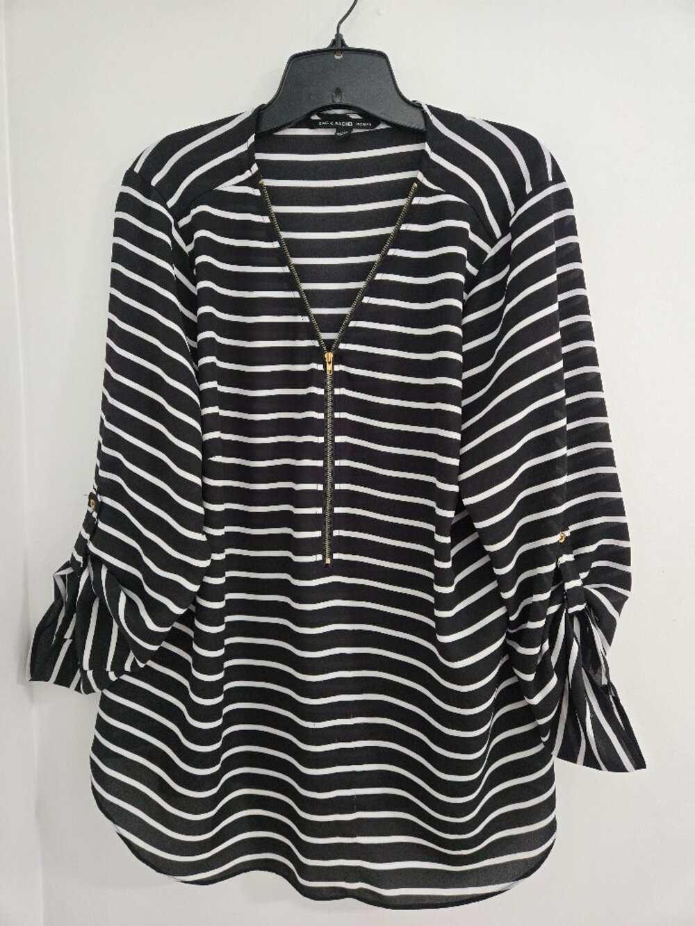 Zac & Rachel Women’s 1X Striped Long Sleeve V-Neck Blouse Roll-Tab Sleeves Tunic
